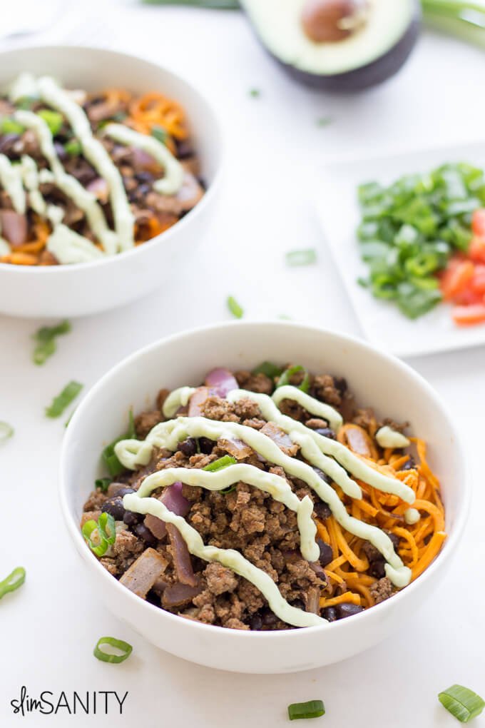 Sweet Potato Noodles Taco Bowls - Slim Sanity