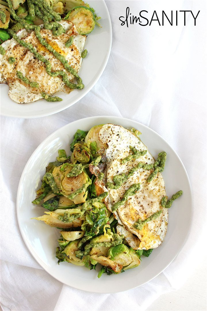 eggs and sauteed brussels sprouts with asparagus pesto 2 1