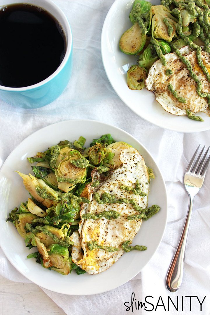eggs and sauteed brussels sprouts with asparagus pesto 3 1
